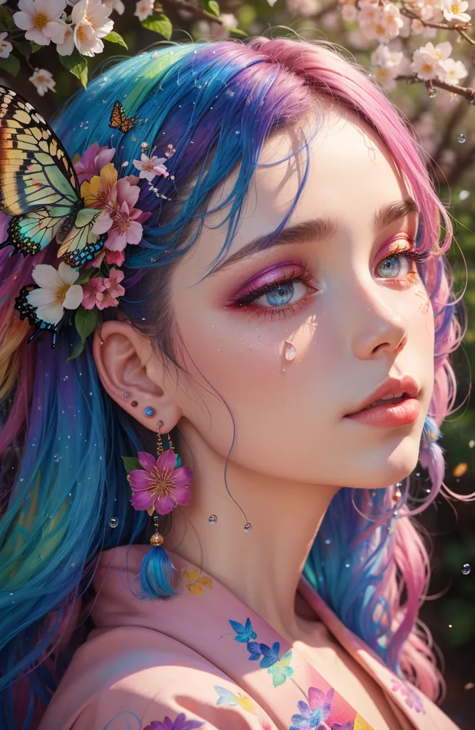 The image is a portrait of a beautiful woman with long, flowing hair. Her hair is a mixture of blue, green, and pink and is styled with a butterfly clip. She has fair skin and blue eyes, and her lips are a soft pink. Her cheeks are flushed with a light pink blush, and there is a single tear running down her right cheek. She is wearing a pink kimono with a floral pattern, and her ears are adorned with pink and blue earrings. The background of the image is a blurred garden with pink and white flowers.