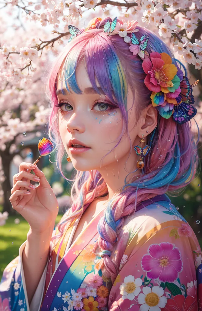 The image is a portrait of a young woman with pink, blue, and green hair. She is wearing a traditional Japanese kimono with a floral pattern and has a butterfly hairpin in her hair and butterfly earrings. The woman is standing in a field of cherry blossoms and is holding a butterfly in her hand. The background is a blur of cherry blossoms. The image is very colorful and has a soft, dreamlike quality.