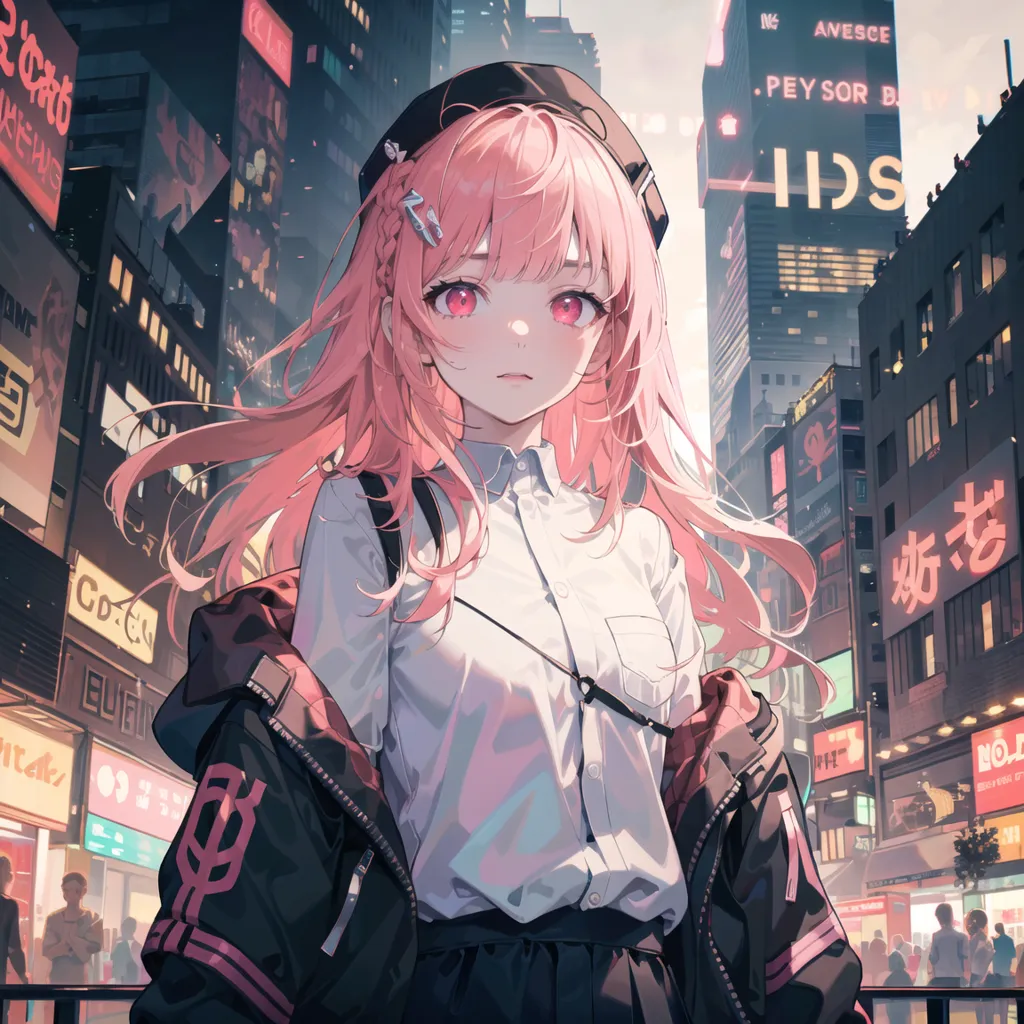 The image is a portrait of a young woman with pink hair and red eyes. She is wearing a white shirt, a black jacket, and a black beret. She is standing in a busy city street with tall buildings and bright lights. The background is blurred, and the woman is in the foreground. She is looking at the viewer with a slightly sad expression.