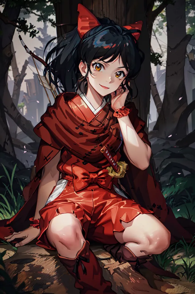 The image is of a young woman in a red kimono with a red bow in her hair. She is kneeling on one knee on the ground, with her right hand on her cheek and her left hand holding a sword. She has a bow and arrow on her back. The background is a forest with green trees and brown leaves on the ground.