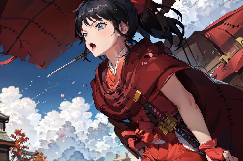 The image is of a young woman dressed in a red kimono-style outfit. She is holding a sword in her right hand and has a red umbrella in her left hand. She is standing in a cloudy sky with a building in the background. The woman has long black hair and blue eyes. She is wearing a red and white headband. The image is in an anime style.