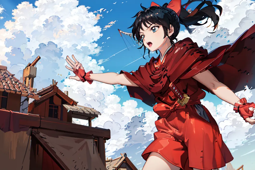 The image is an anime-style drawing of a young girl in a red kimono with a white obi and a red bow in her hair. She is standing on a rooftop with her left hand outstretched and her right hand holding a sword. She has a determined expression on her face, and her eyes are wide open. The background is a blue sky with white clouds, and there are some buildings in the distance.