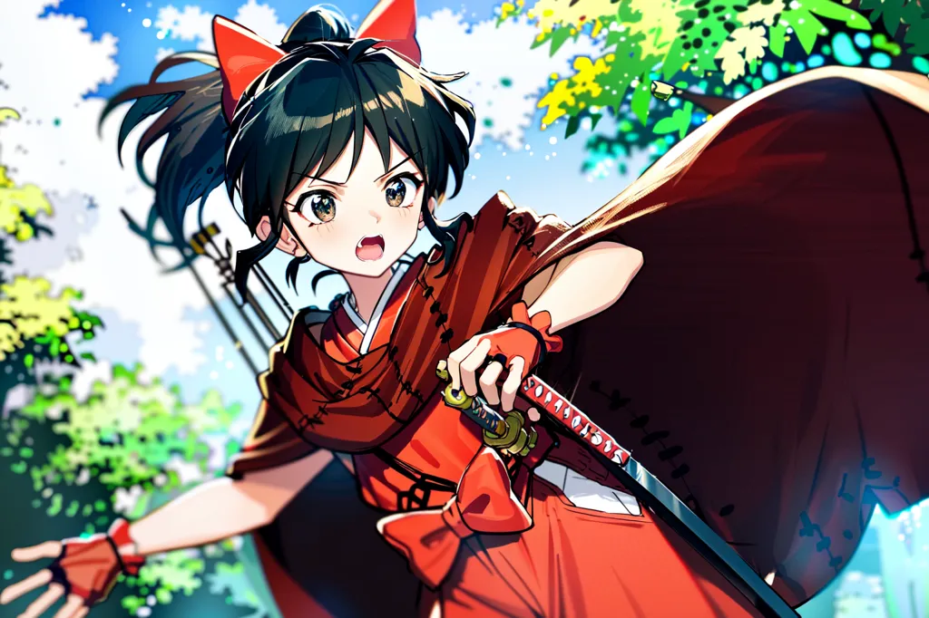 The image is of a young girl with brown hair and green eyes. She is wearing a red kimono with a white obi and a red bow in her hair. She is also wearing a brown cape. She is standing in a forest, and she is holding a sword. She has a determined expression on her face, and she looks like she is ready to fight.