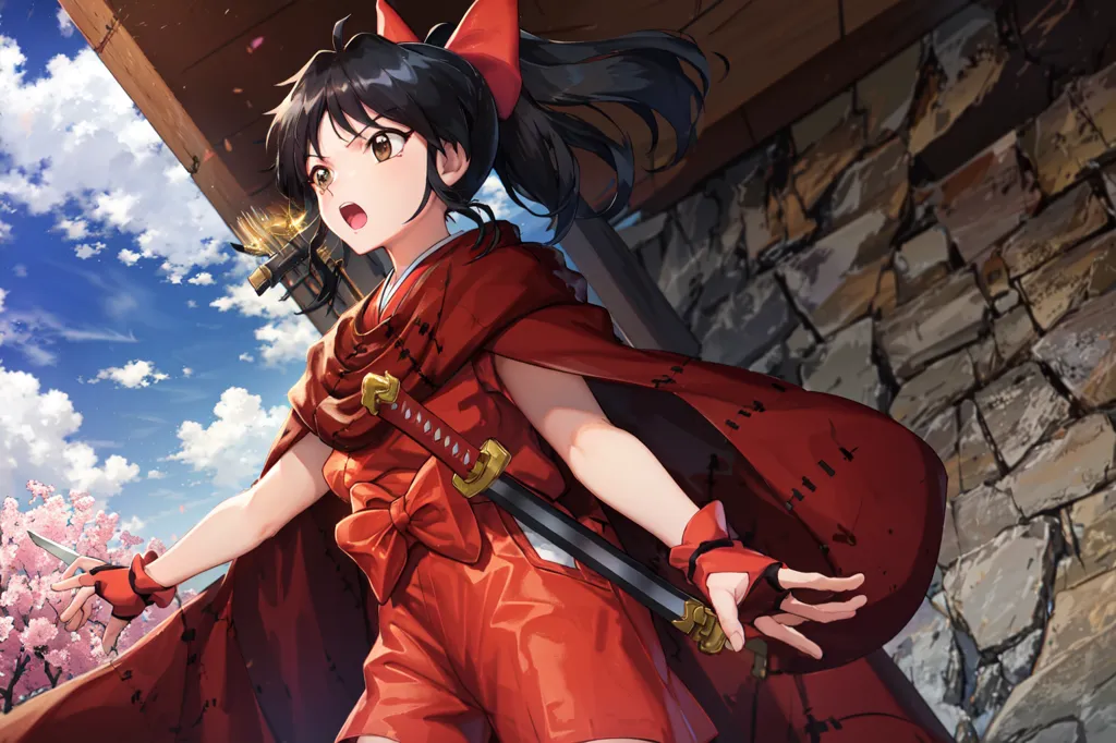 This is an image of a young girl in a red kimono-style outfit. She is standing in front of a stone wall with a large wooden door. The girl has a sword in her hand and is looking to the left with a determined expression. She has a red bow in her hair and brown eyes. The background of the image is a blue sky with white clouds and some cherry blossom petals.