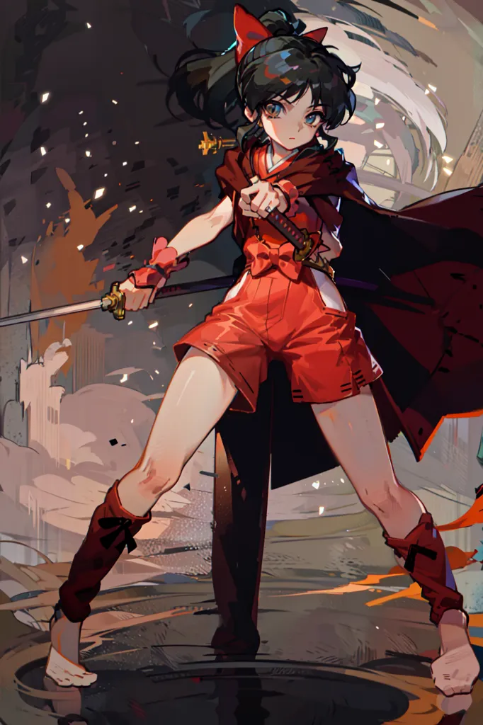 This is an image of a young girl in a red and white outfit, holding a sword. She has a determined expression on her face and is standing in a fighting stance. The background is a blur of color and light.