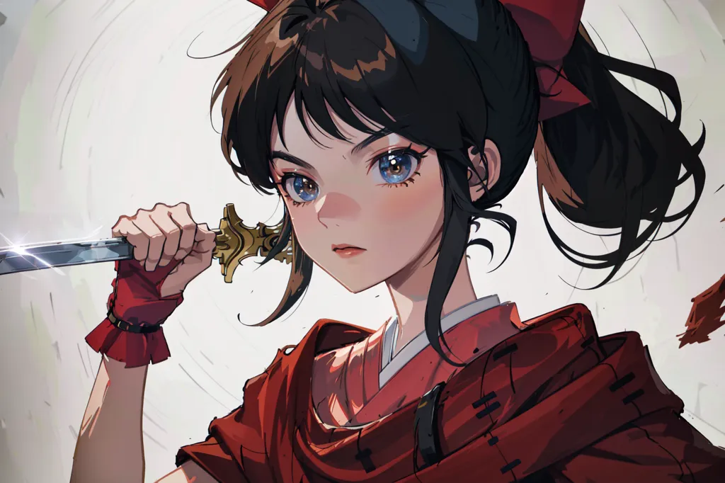 This is an image of a young girl with brown hair and blue eyes. She is wearing a red kimono and a red bow in her hair. She is also wearing a black glove on her right hand and is holding a sword in her right hand. She has a determined expression on her face. The background is white with a few light gray lines.