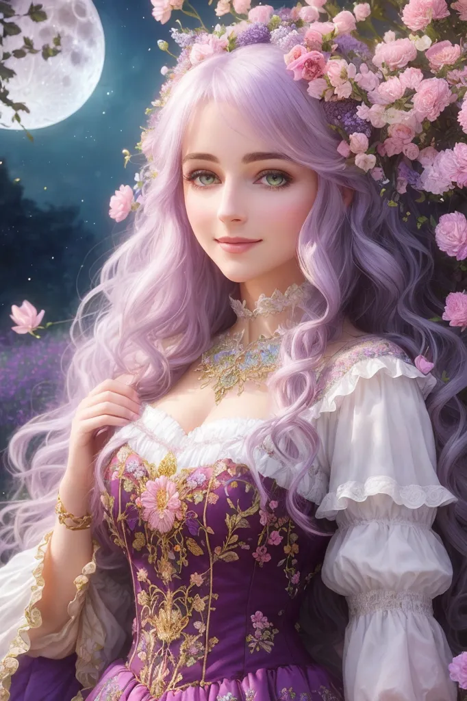 The image is a portrait of a beautiful young woman with long purple hair. She is wearing a white and purple dress with a sweetheart neckline and a gold necklace. Her hair is decorated with pink flowers. She has a gentle smile on her face, and her eyes are looking at the viewer. The background is a night sky with a full moon.