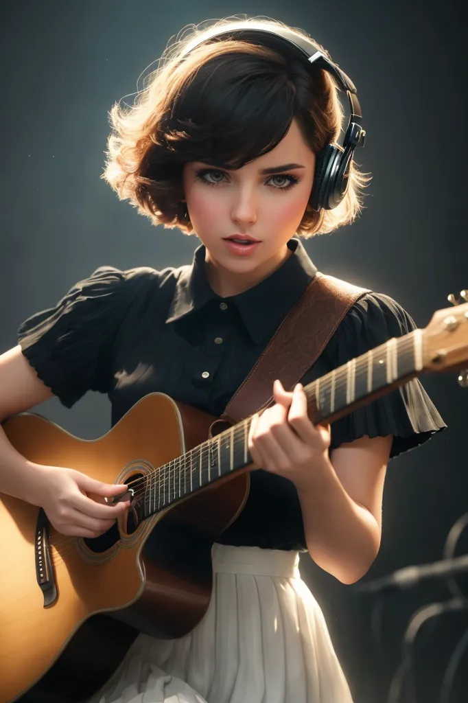 A imagem mostra uma jovem mulher com cabelos curtos e castanhos e olhos castanhos. Ela está usando uma blusa preta com um colarinho branco e uma saia plissada branca. Ela também está usando fones de ouvido e tocando um violão acústico. Ela tem uma alça no ombro para segurar o violão no lugar. Ela está olhando para a câmera com uma expressão séria. O fundo é escuro.