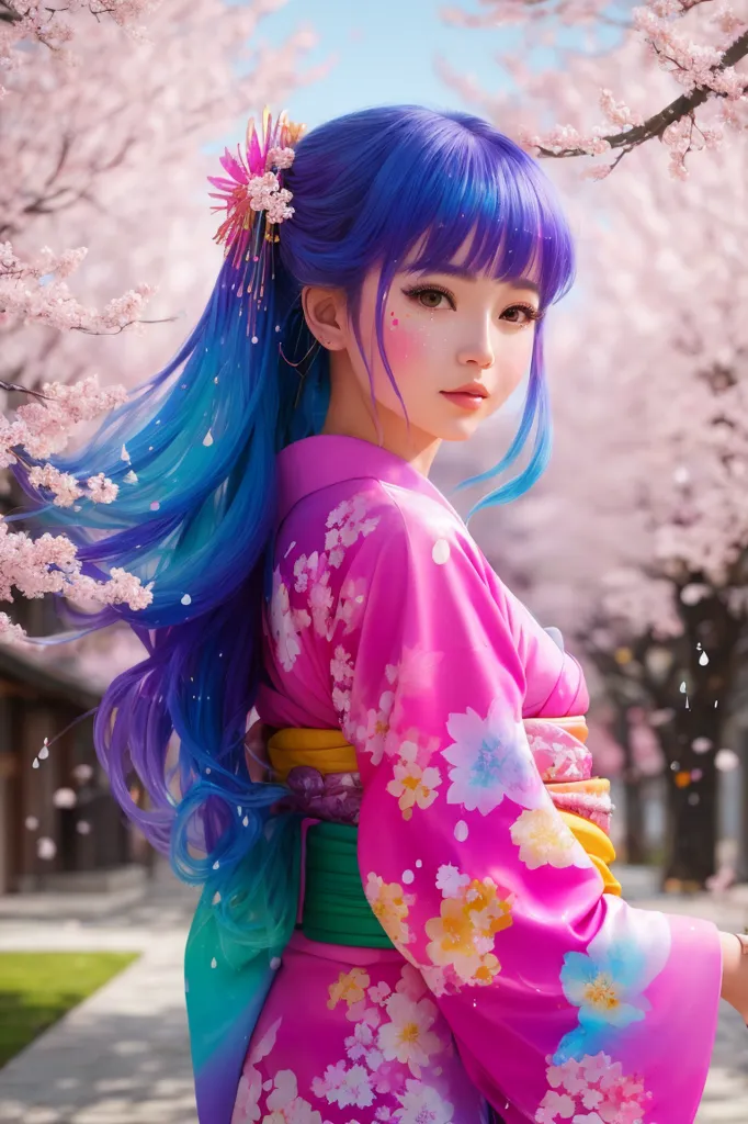 The image is a portrait of a young woman in a pink kimono. She has long blue hair and brown eyes. She is standing in a garden with cherry blossoms. The background is blurred, and there are cherry blossoms falling from the trees. The woman is wearing a traditional Japanese hairstyle and makeup. She is looking at the viewer with a serene expression.