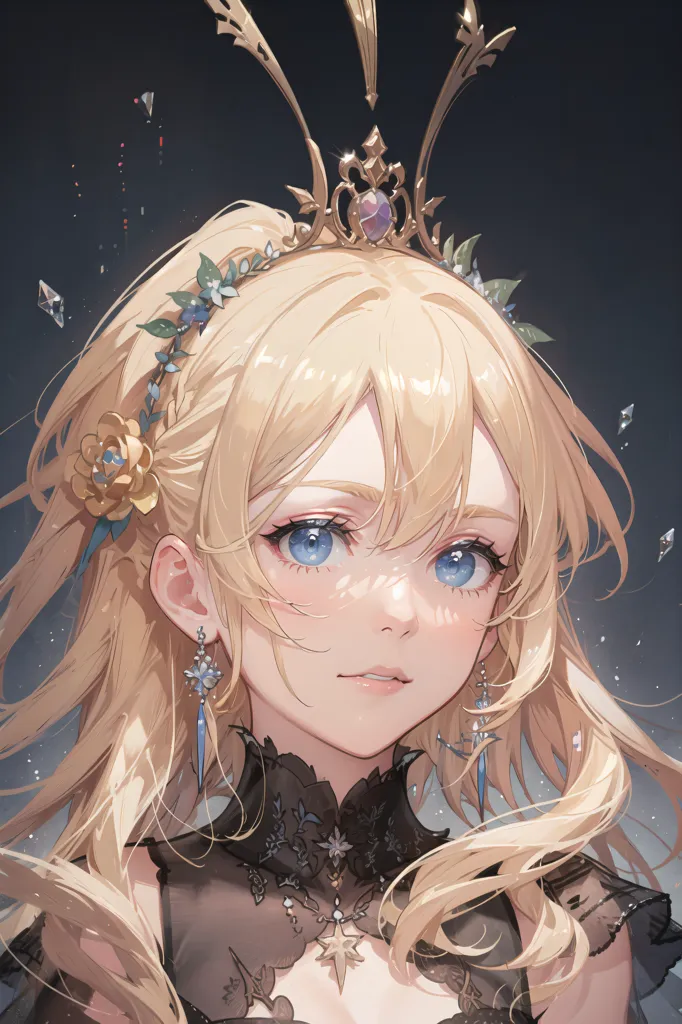 The image is a digital painting of a young woman with long, flowing blonde hair. She is wearing a black dress with a white collar and a gold crown on her head. The background is a dark blue color. The woman's eyes are blue and her skin is fair. She is looking at the viewer with a gentle smile on her face.