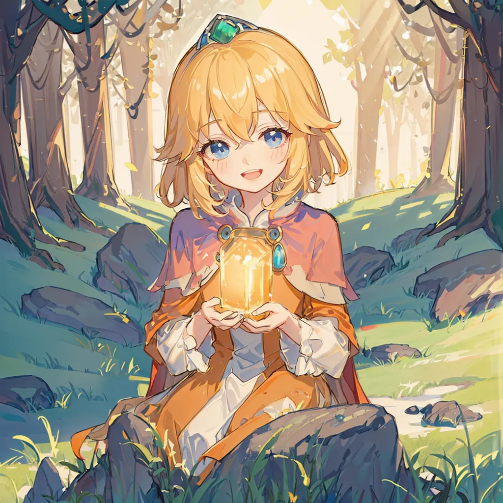 L'image montre une fille aux longs cheveux blonds et aux yeux bleus. Elle porte une robe blanche avec un cape marron. La fille est assise sur un rocher dans la forêt. Elle tient un bocal avec une lumière brillante à l'intérieur. La fille sourit et semble heureuse.