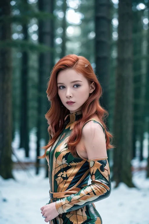 The image shows a beautiful young woman with long, wavy red hair. She is wearing a sleeveless green and gold bodysuit with a high collar. The bodysuit has a leaf-like pattern on it. She is standing in a snowy forest, and she is looking at the camera with a serious expression.