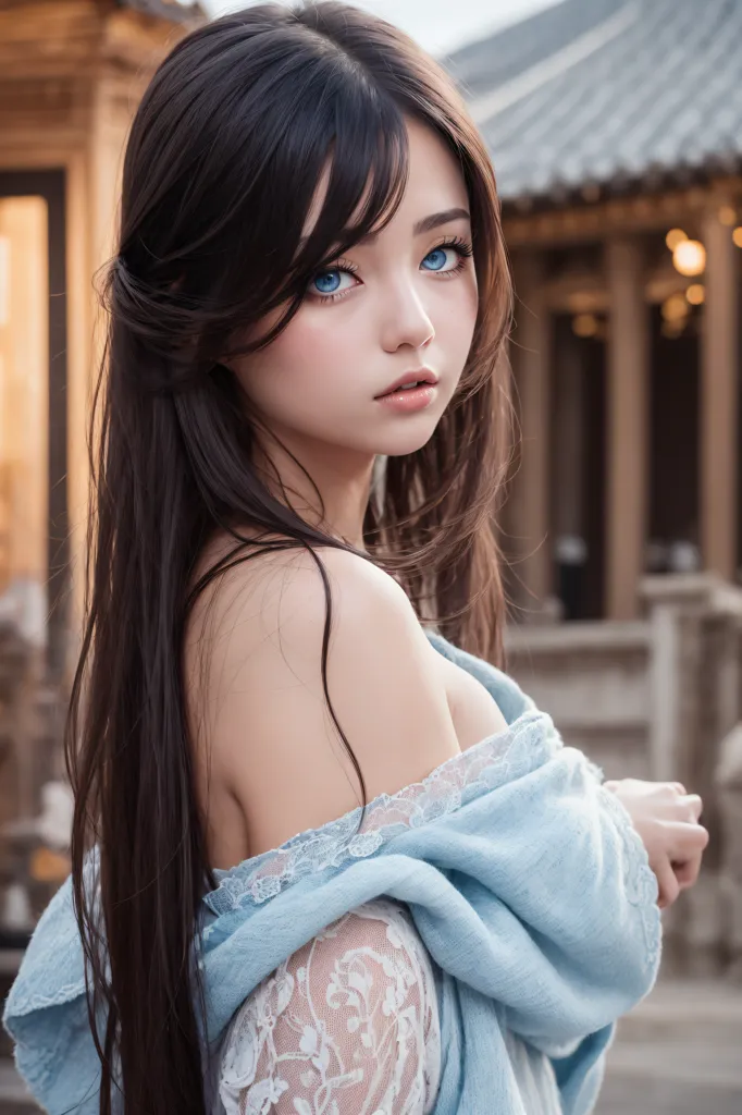 The image shows a young woman with long black hair and blue eyes. She is wearing a white dress with a blue sash and has a lace shawl wrapped around her shoulders. She is standing in a traditional Chinese courtyard, with a wooden railing and a stone wall in the background.