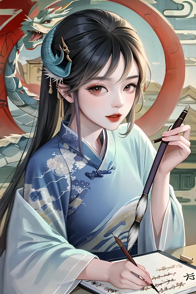 The picture shows a young woman in a blue and white hanfu with a dragon hairpin and a red circle with a dragon on it behind her. She is writing with a brush on a paper.