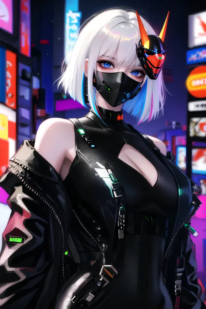 This is an image of a woman standing in a dark place. She is wearing a black leather jacket and a black mask with a red horn on the right side of her head. Her hair is short and white. She is also wearing a blue choker with a green light on it. She has blue eyes and her lips are slightly parted. There are several neon signs in the background.