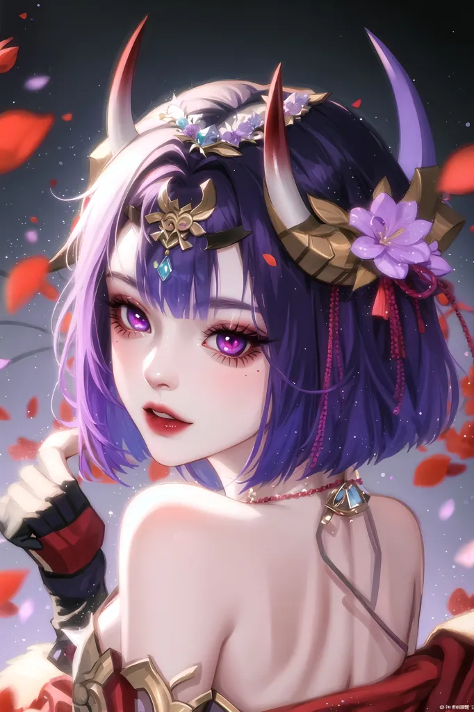 The image is a portrait of a young woman with purple hair and red eyes. She is wearing a red and gold headdress and a purple kimono. She has a gentle smile on her face. The background is a dark color with red and purple flower petals falling.