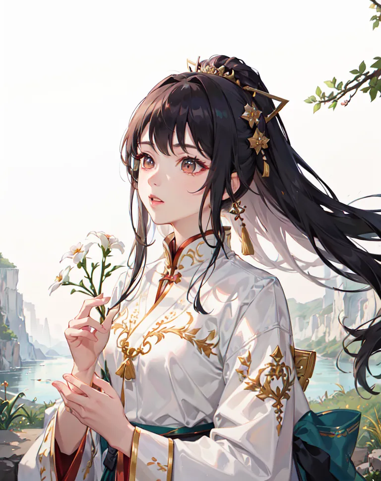 The picture shows a young woman in a white and gold hanfu standing in a field of flowers. She has long black hair and brown eyes, and is wearing a white and gold hanfu with a green ribbon in her hair. She is holding a white flower in her right hand. The background is a lake and mountains in the distance.