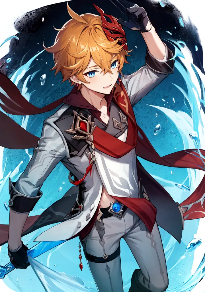 This is a picture of a character from the game Genshin Impact. The character is named Childe, also known as Tartaglia. He is a young man with orange hair and blue eyes. He is wearing a white shirt, red vest, and gray pants. He is also wearing a mask that covers his left eye. He is standing in a fighting stance, with his left hand raised and his right hand holding a sword. He is surrounded by water, which is likely his elemental power.