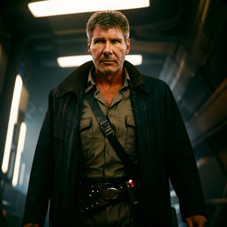 La imagen muestra al actor Harrison Ford en una escena de la película "Blade Runner 2049". Lleva una chaqueta de cuero marrón oscuro sobre una camisa verde con una correa alrededor del pecho. También lleva un cinturón negro con una hebilla plateada y un pequeño dispositivo rojo adjunto a él. Tiene una expresión seria en su rostro y mira a la cámara. El fondo es oscuro y desenfocado.