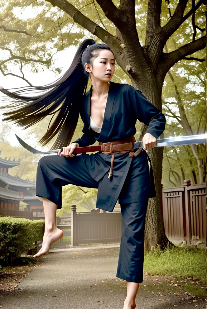 L'image montre une jeune femme vêtue d'un uniforme noir d'arts martiaux. Elle se tient dans un parc, avec un grand arbre derrière elle. Elle tient une épée dans sa main droite et est pieds nus. Elle a de longs cheveux noirs attachés en queue de cheval. Elle est debout dans une position de préparation.