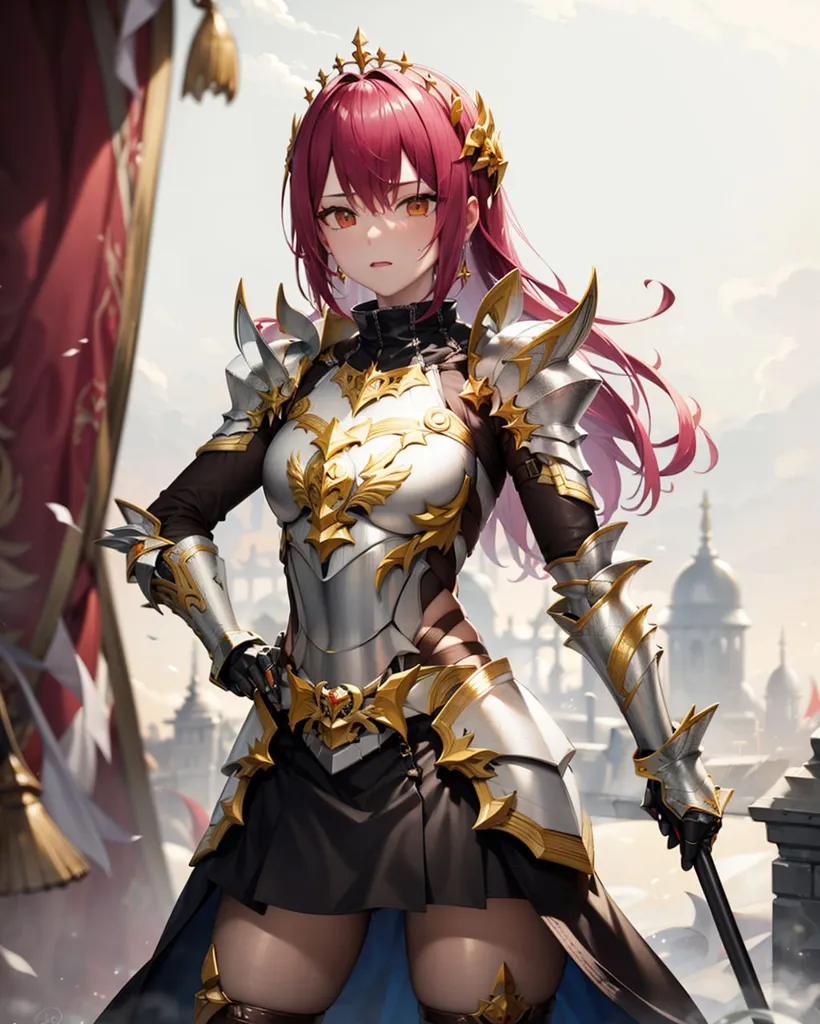 The image shows a young woman with long red hair and golden eyes. She is wearing a suit of silver and gold armor and a black dress underneath. She is also wearing a red cape and a crown. She is standing in front of a large red flag and there are buildings in the background. She is holding a sword in her right hand.