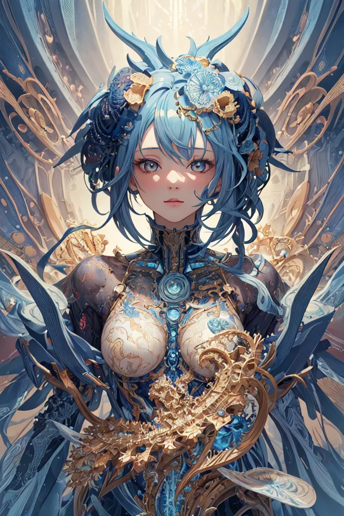 This is an image of a woman with blue hair and blue eyes. She is wearing a blue and gold outfit. The outfit has a lot of intricate details and designs. She is also wearing a necklace and earrings. The background is a light blue color and there are some white and gold accents.