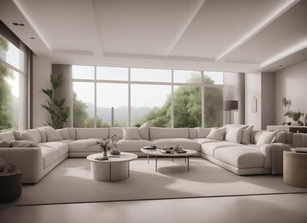 The image shows a modern living room with a large white sectional sofa, two white coffee tables, a gray rug, and a few plants. The living room has a large window that looks out onto a forest. There is a gray accent wall behind the sofa. The ceiling is white with recessed lighting. The floor is light gray wood. The furniture is all white and the walls are mostly white. The living room is very bright and airy.