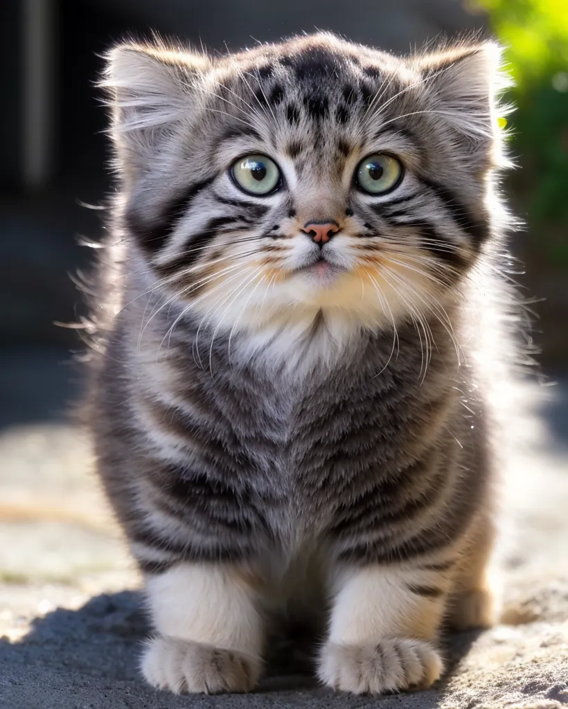 Esta é uma imagem de um pequeno gato-do-mato. Ele tem olhos grandes e redondos de cor verde, um nariz rosa e um pelo longo e acinzentado com listras e manchas cinza-escuras. Ele está em pé sobre uma rocha e olhando para a câmera.