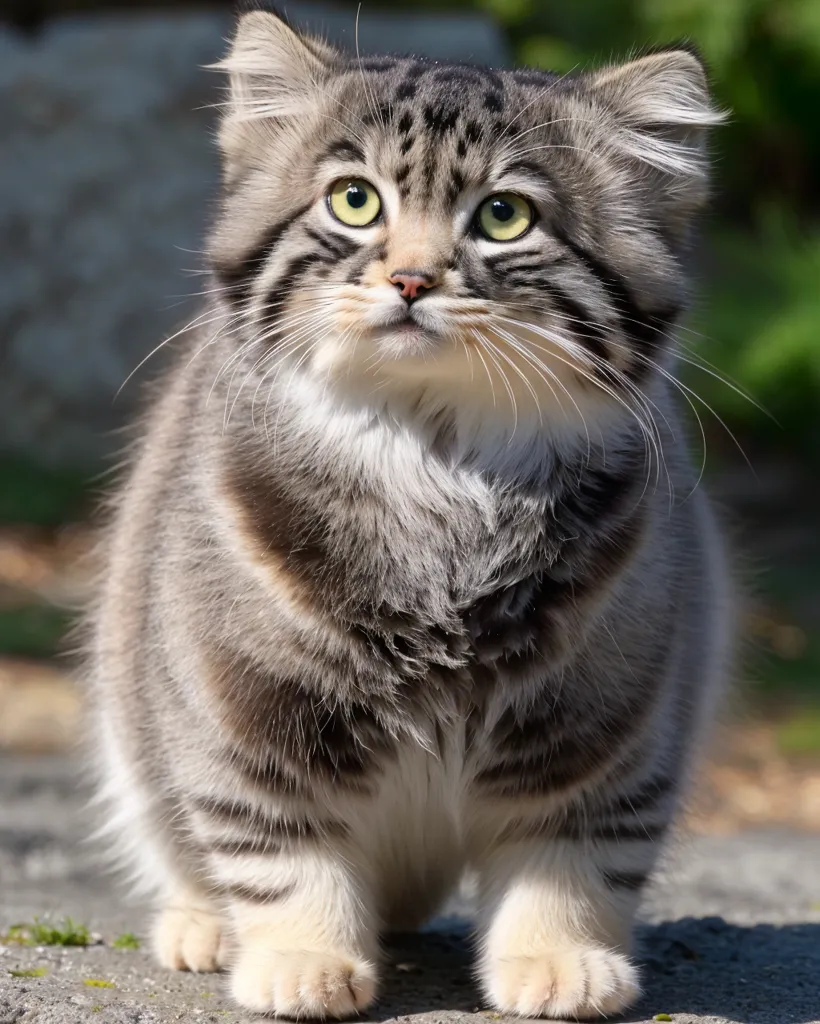 The image shows a small wild cat with large tufted ears and big round yellow-green eyes. Its fur is gray with dark brown stripes and spots. Its tail is long and fluffy. The cat is standing on a rock in front of a blurred background of leaves.