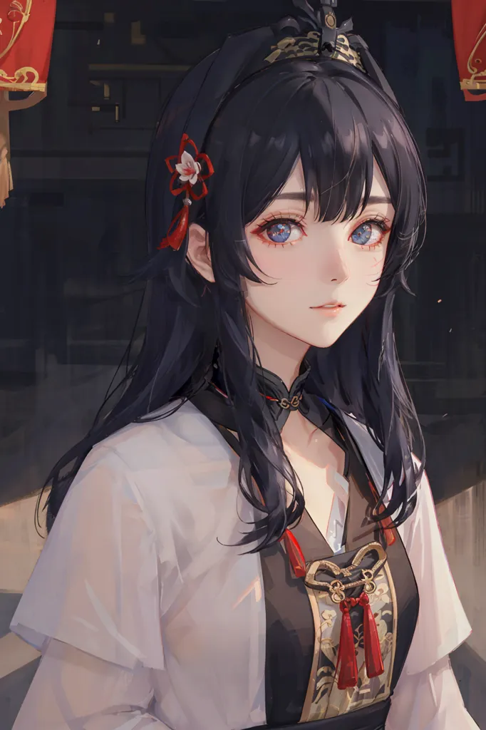 The picture shows a young woman with long black hair and blue eyes. She is wearing a traditional Chinese dress with a white outer layer and dark inner layer. The dress has golden and red accents. There is a flower hairpin on the right side of her head. She is standing in a dark room with red lanterns in the background.