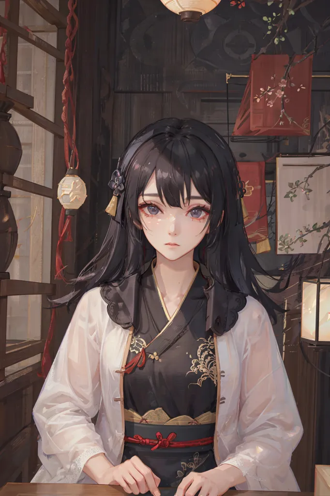 The picture shows a young woman sitting in a traditional Japanese room. She is wearing a kimono and has long black hair. The room is decorated with red and white lanterns and there is a bonsai tree in the corner. The woman is looking at the viewer with a slightly sad expression.