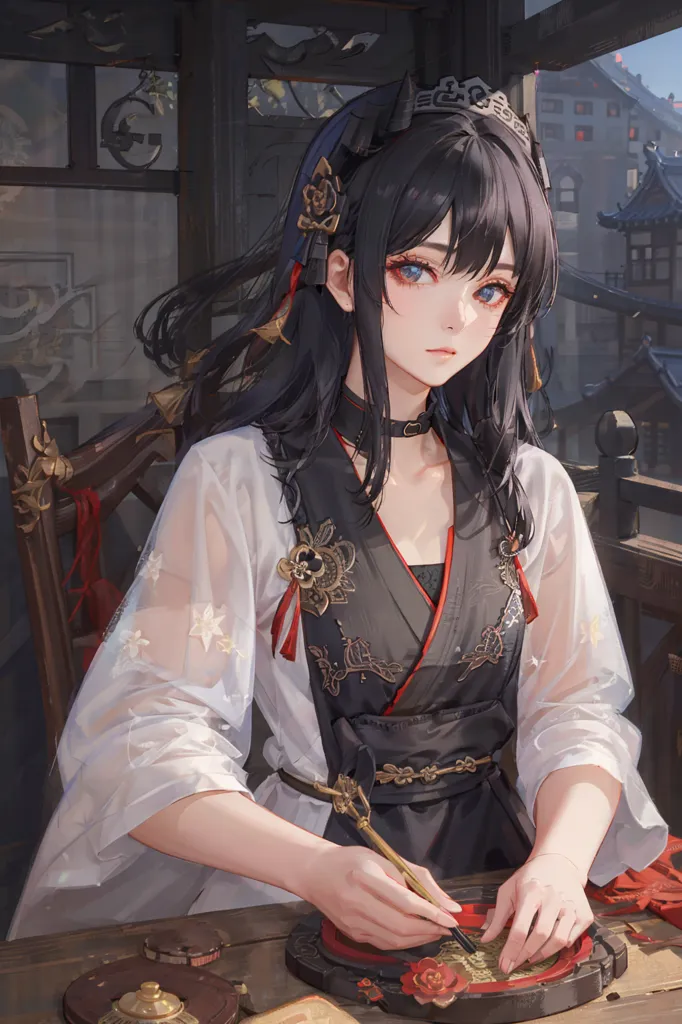 The picture shows a beautiful girl with long black hair sitting at a table and writing something. She is wearing a white and black kimono with red and gold accents. The girl has orange eyes and a thoughtful expression on her face. There is a traditional chinese building in the background.