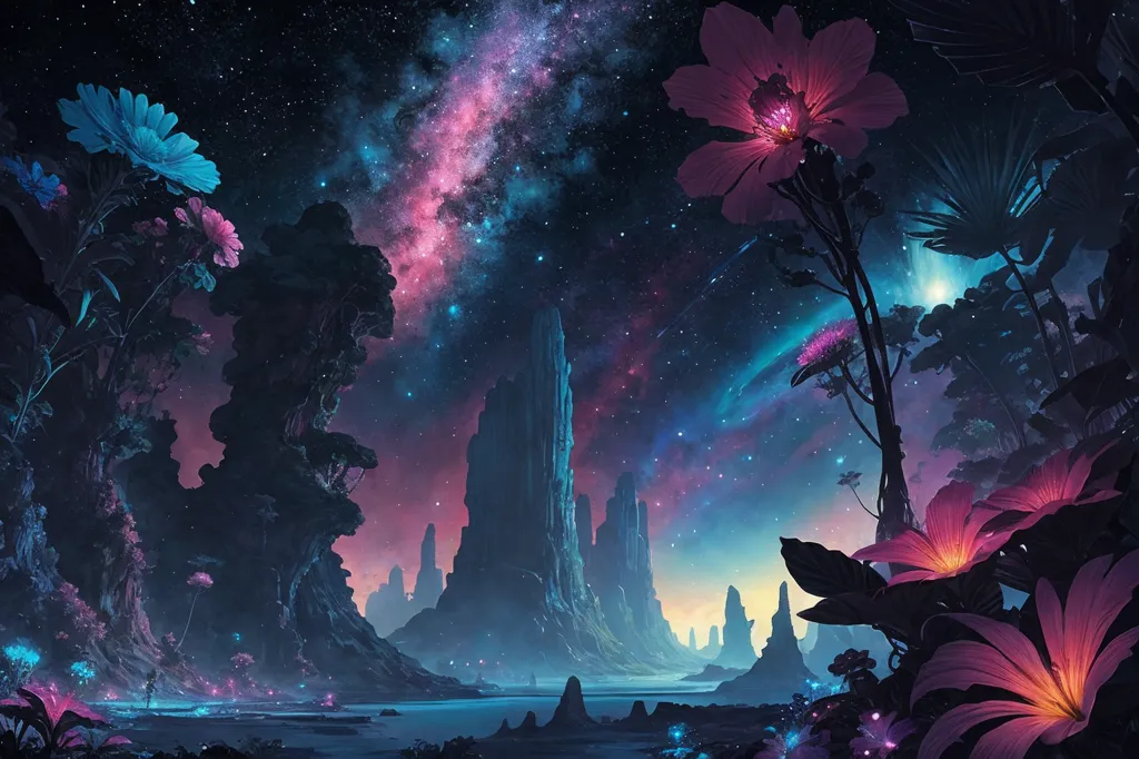 The image is a beautiful landscape of an alien planet. The sky is dark and filled with stars, and the ground is covered in strange and wonderful plants. There are tall, rocky mountains in the background, and a body of water in the foreground. The plants are all different colors, and they are all glowing. There is a sense of peace and tranquility in the image, and it is easy to imagine oneself getting lost in this world.