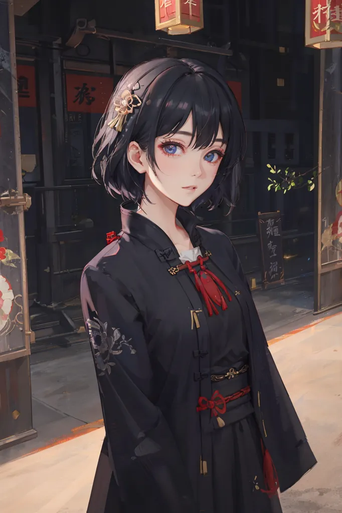 The image shows a young woman with short black hair and blue eyes. She is wearing a black kimono with red and gold accents. The kimono is decorated with a floral pattern. The woman is standing in a traditional Chinese courtyard. There are red lanterns hanging from the eaves of the courtyard.