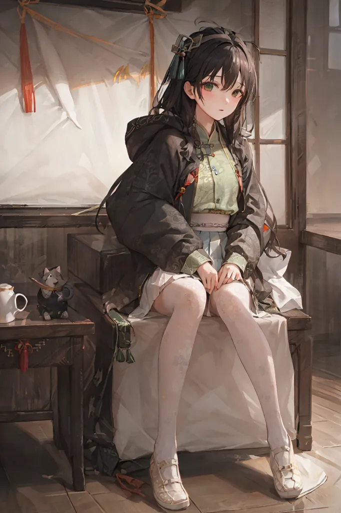 The image is a painting of a young woman sitting on a bed. She has long black hair, green eyes, and is wearing a white and green cheongsam with a black jacket. She is also wearing white socks and shoes. There is a cat sitting on a table next to her. The background is a blur of light and dark colors.