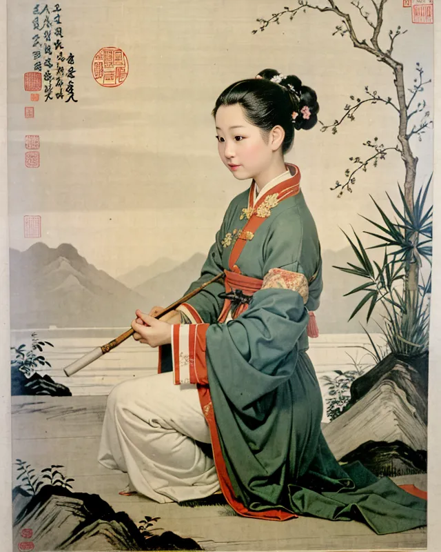 The image shows a young woman in a green dress with white sleeves and a red sash. She is kneeling on the ground and holding a pipe. There are mountains in the background and a tree with pink blossoms behind her. The image is in a traditional Chinese style.