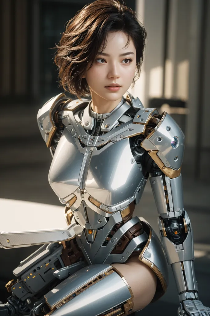 The image depicts a beautiful woman with short brown hair and brown eyes. She is wearing a silver and gold colored robotic suit of armor. The armor has a metallic sheen and is made up of many different pieces that fit together to form a protective shell around her body. The woman is sitting on a stone surface with her legs crossed and her hands resting on her knees. She is looking at the viewer with a serious expression on her face.