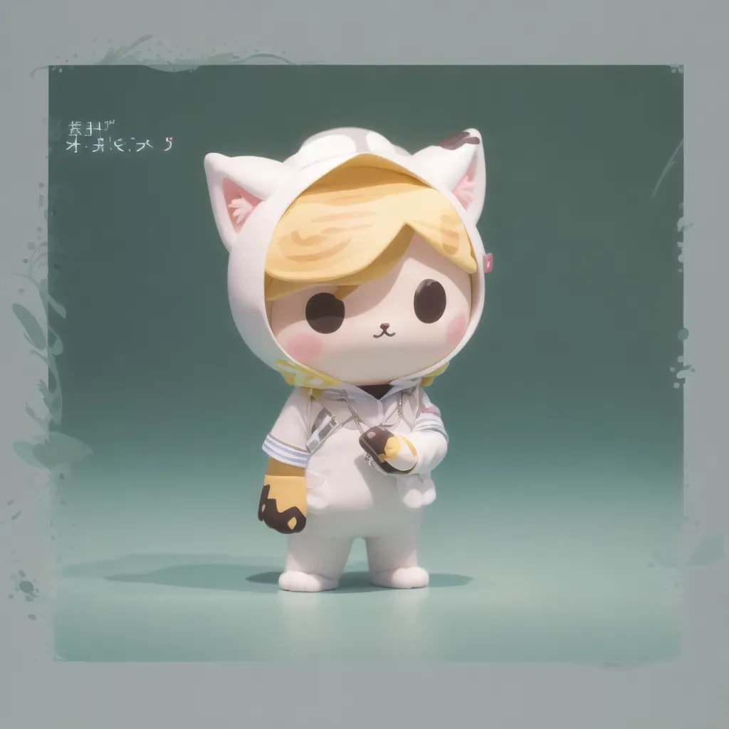 A imagem mostra uma renderização 3D de um fofo gato-menino de desenho animado. Ele está usando um capuz branco e amarelo com orelhas de gato e uma camisa interna amarela. Ele tem olhos pretos e amarelos e um pequeno nariz preto. Ele também está usando uma luva amarela e branca na mão direita e uma luva preta na mão esquerda. Ele está em pé em uma plataforma verde e há um fundo verde atrás dele.