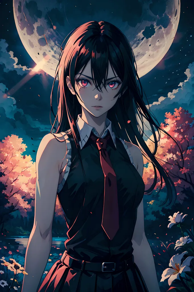 This is an image of a young woman with long, dark hair and red eyes. She is wearing a black vest and a red tie. The background is a night sky with a full moon. There are some trees and flowers in the foreground. The woman is standing in a field, and she is looking at the viewer with a serious expression.