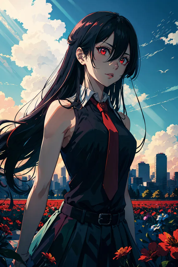 This is an image of a young woman with long black hair and red eyes. She is wearing a black vest, a red tie, and a pleated skirt. She is standing in a field of red flowers with a large city in the background. The sky is blue and there are some clouds in the sky. The sun is shining.