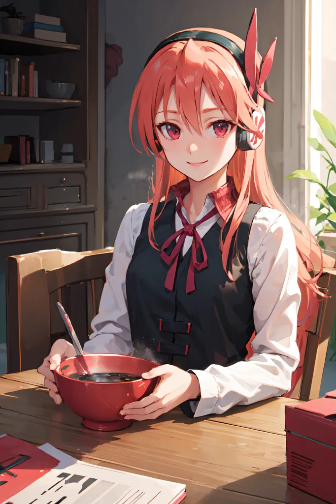 The image shows a girl with long red hair and red eyes. She is wearing a white blouse, a black vest, and a red bow tie. She is sitting at a table, eating a bowl of soup. There is a book and a plant on the table. The girl is smiling and looks happy.