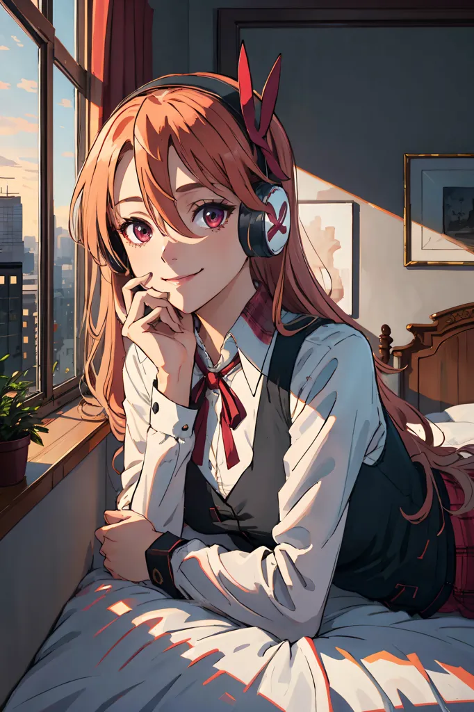 The image is of an anime girl sitting on a bed. The girl has long orange hair, red eyes, and is wearing a white shirt, black vest, and red tie. She is also wearing headphones. The girl is sitting in front of a window, and there is a plant on the windowsill. The sun is shining through the window, and it is casting shadows on the girl's face. The girl has a gentle smile on her face, and she looks like she is enjoying the sunlight.