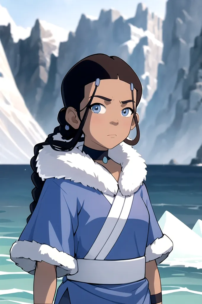 The image shows a young woman of Water Tribe descent from the popular cartoon *Avatar: The Last Airbender*. She has dark hair tied in a braid, blue eyes, and a light blue outfit trimmed with white fur. She is standing in front of a large body of water with icebergs floating in it, and there are snow-capped mountains in the background.