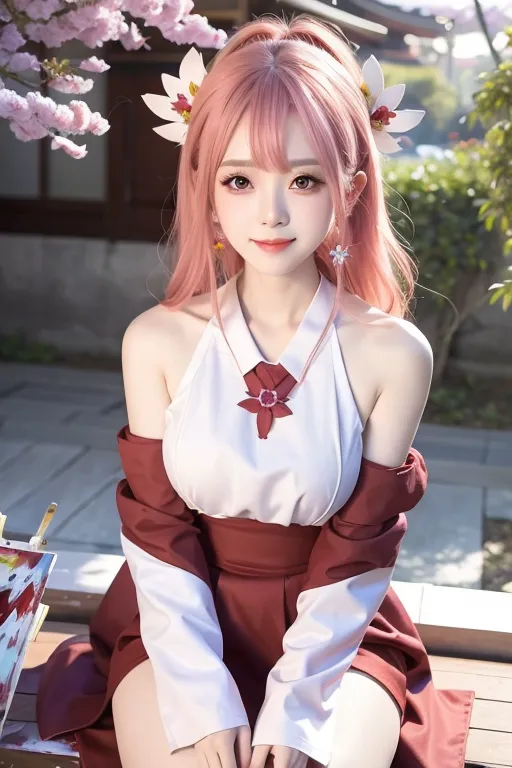 The image shows a young woman with pink hair and brown eyes. She is wearing a white and red halter top with a long red skirt. She is also wearing a necklace and earrings. Her hair is styled with pink and white flowers. She is sitting on a bench in a garden. There are cherry blossoms in the background.