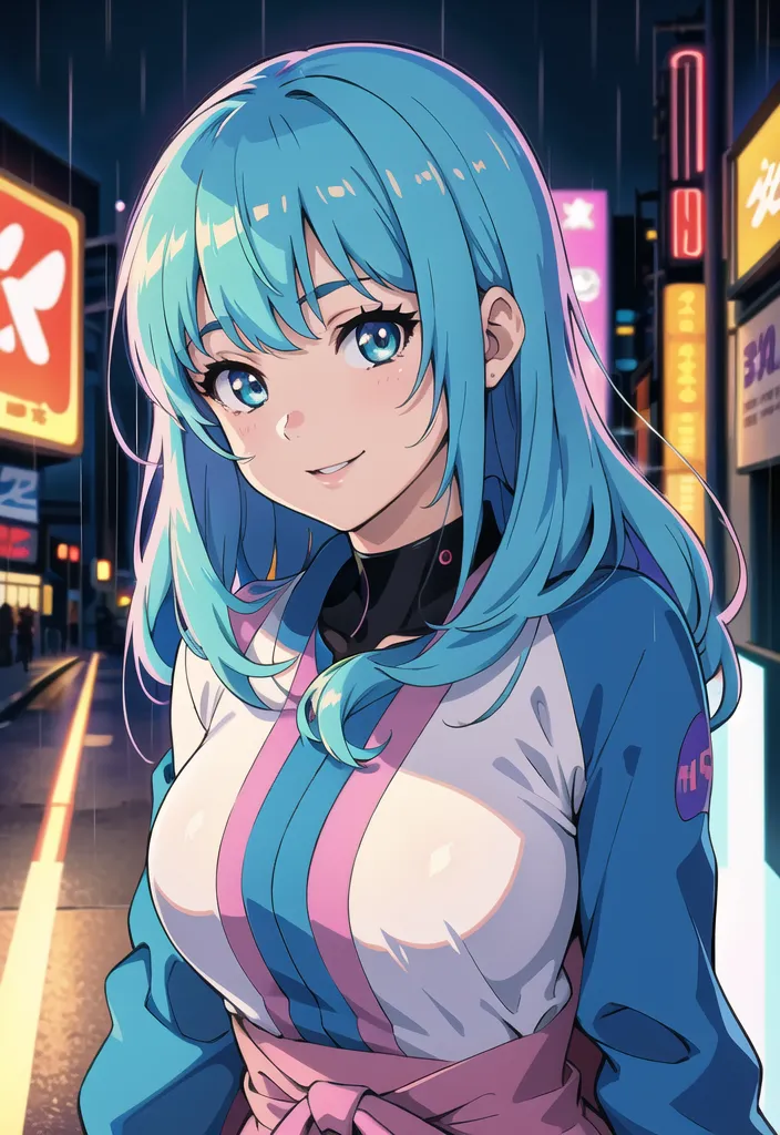 This is an image of a young woman with blue hair and blue eyes. She is wearing a white and blue jacket with a pink sash. She is standing in a city street at night. The street is lit by neon lights. The woman is smiling and has a confident expression on her face.