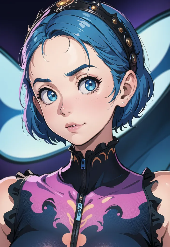 The image is a digital painting of a young woman with short blue hair and blue eyes. She is wearing a purple and black outfit with a high collar and a zipper in the front. She has a confident expression on her face and is looking at the viewer. The background is a dark blue color with a gradient to lighter blue at the top.