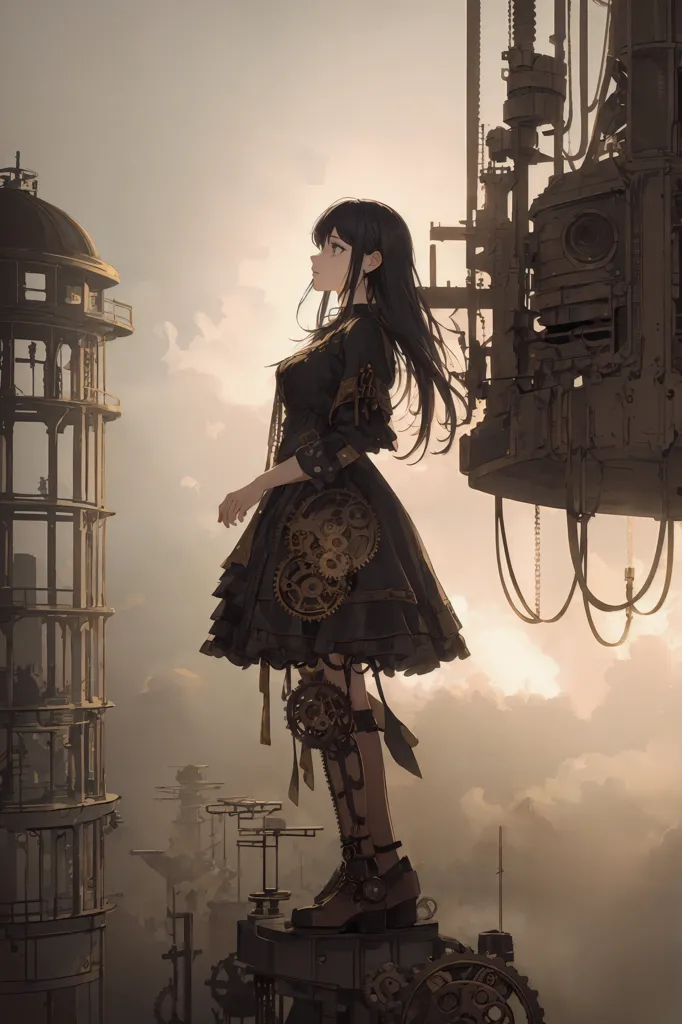 This is an image of a steampunk girl standing on a rooftop. She is wearing a black dress with a white collar and a brown corset. She has long black hair and brown eyes. The background is a cityscape with a large clock tower and other buildings in the distance. The sky is cloudy and there is a hint of sunlight peeking through the clouds.