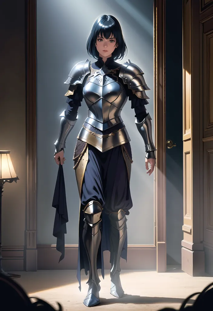 The image shows a woman in medieval armor. She is standing in a room, with a door behind her. She is wearing a blue surcoat over her armor. She has a sword in her right hand. She is looking at the viewer with her head turned slightly to the right.