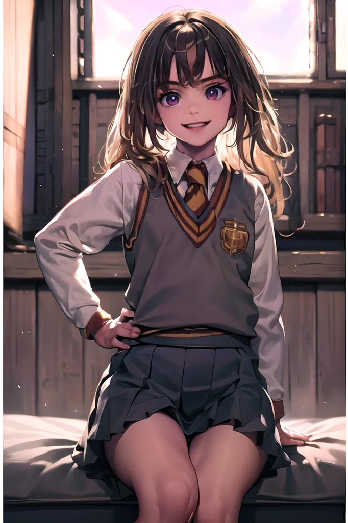 The image is of a young girl sitting on a bed in a dorm room. She is wearing a Hogwarts uniform, which consists of a white shirt, gray sweater vest, and gray skirt. The girl has long brown hair and purple eyes. She is smiling and has one hand on her hip. The dorm room is decorated with wooden furniture and there is a window in the background.