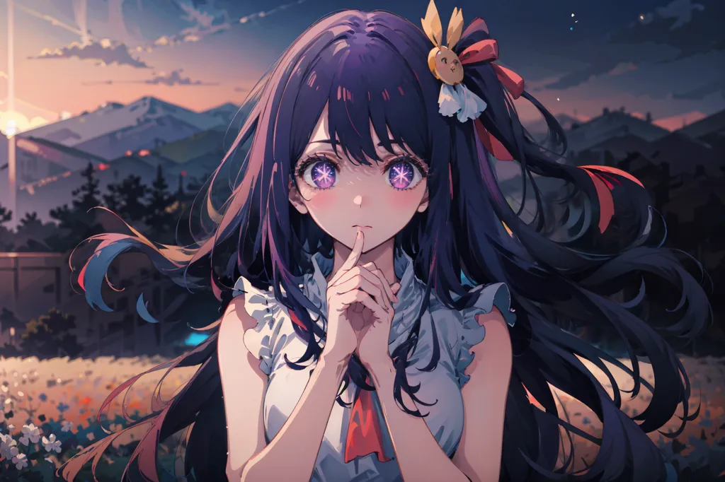 The image is of an anime-style girl with long purple hair and purple eyes. She is wearing a white dress with a red ribbon in her hair. She is standing in a field of flowers with a mountain range in the distance. The sky is a gradient of orange and purple. The girl has her finger up to her lips in a shushing gesture.